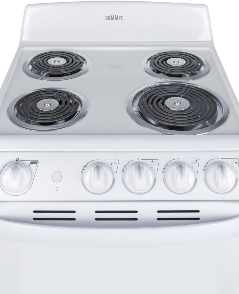 Summit Appliance RE203W 20 Electric Range, 4 Coil Elements, White, 2.3 Cuft Oven Capacity, on Indicator Lights for Oven and Elements- Cord Not Included