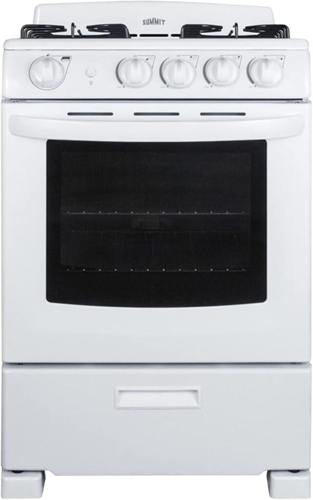 Summit RG244WS 24 Freestanding Gas Range with 2.9 cu. ft. Oven Capacity Electronic Ignition High Backguard Broiler Drawer Continuous Grates and Safety Brake System for Oven Racks in White