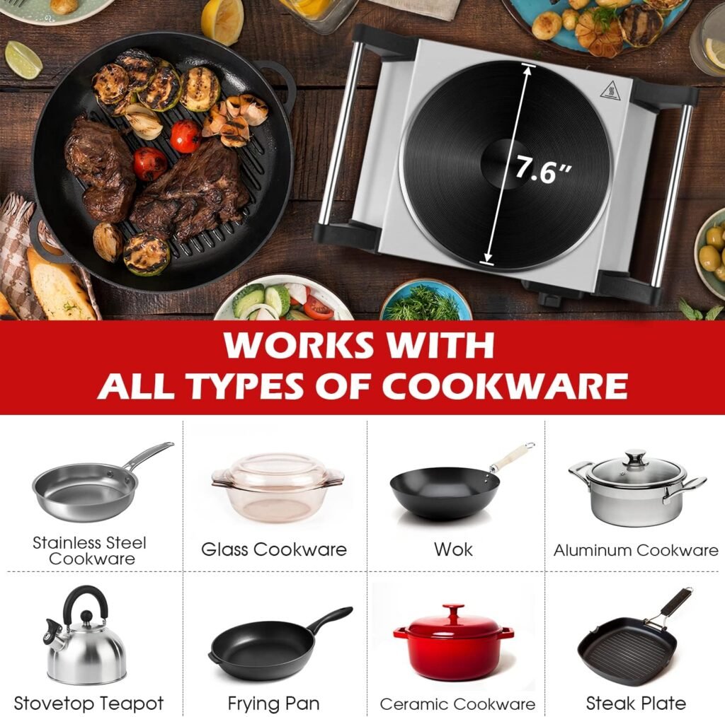 Techwood Hot Plate Portable Electric Stove 1500W Countertop Single Burner with Adjustable Temperature  Stay Cool Handles, 7.5” Cooktop for Dorm Office/Home/Camp, Compatible for All Cookwares
