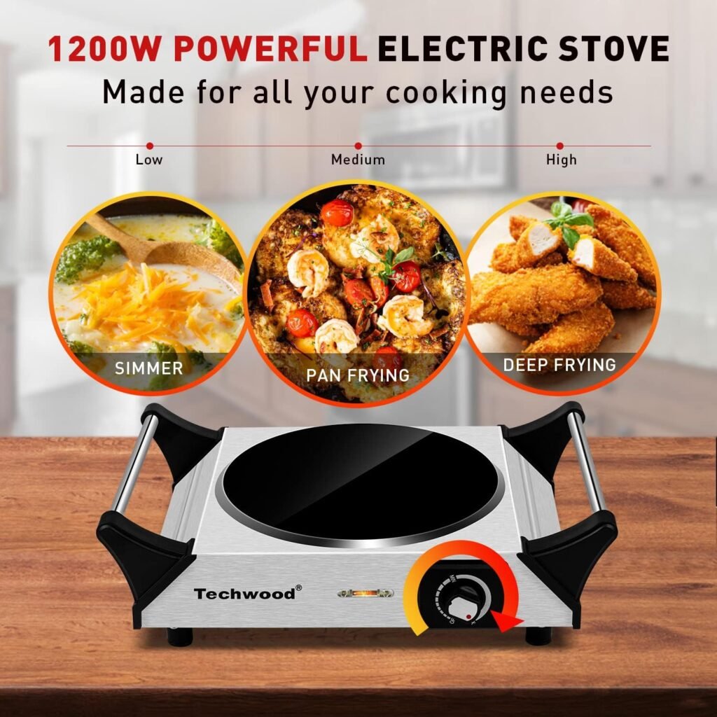 Techwood Hot Plate Portable Electric Stove 1500W Countertop Single Burner with Adjustable Temperature  Stay Cool Handles, 7.5” Cooktop for Dorm Office/Home/Camp, Compatible for All Cookwares