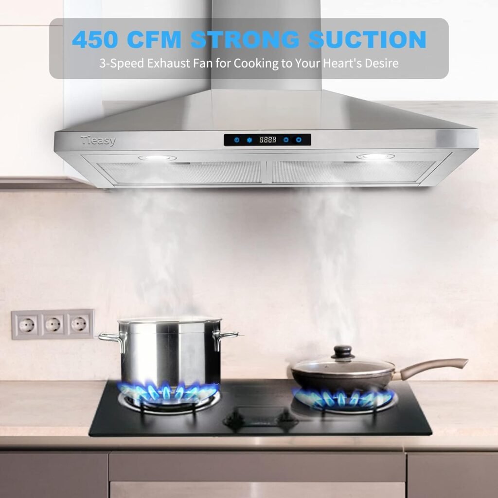 Tieasy Wall Mount Range Hood 30 inch with Ducted/Ductless Convertible Duct, Stainless Steel Chimney-Style Over Stove Vent Hood with LED Light, 3 Speed Exhaust Fan, 450 CFM