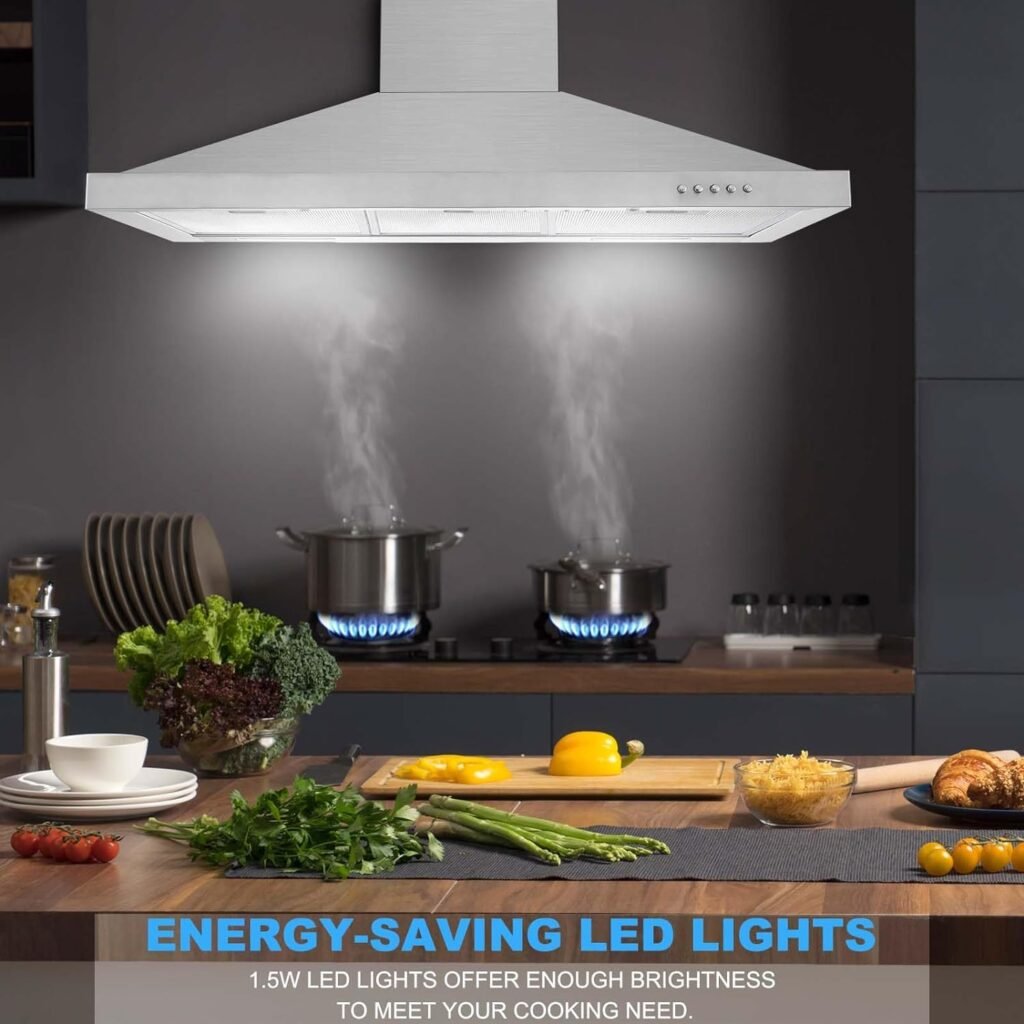Tieasy Wall Mount Range Hood 30 inch with Ducted/Ductless Convertible Duct, Stainless Steel Chimney-Style Over Stove Vent Hood with LED Light, 3 Speed Exhaust Fan, 450 CFM