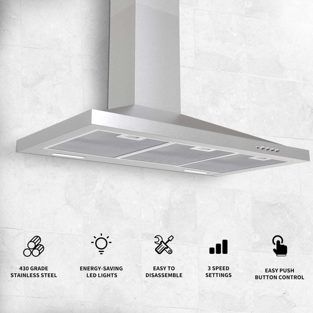 Tieasy Wall Mount Range Hood 30 inch with Ducted/Ductless Convertible Duct, Stainless Steel Chimney-Style Over Stove Vent Hood with LED Light, 3 Speed Exhaust Fan, 450 CFM