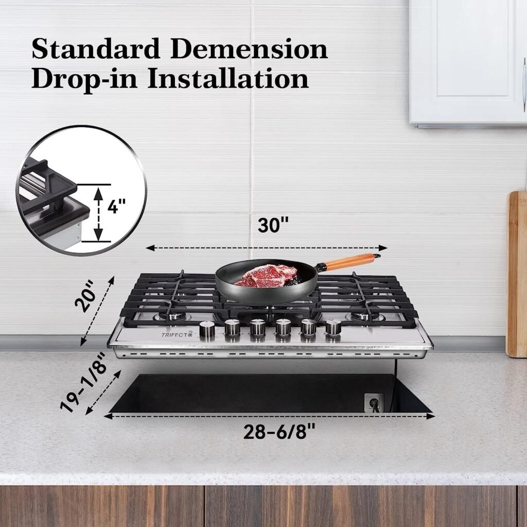 Trifecte 30 Inch Stainless Steel Gas Cooktop, Built-in Gas Stove Top with 5 Italy SABAF Sealed Burners Dual Fuel NG/LPG Convertible Gas Hob with Thermocouple Protection (Gas Regulator Not Included)