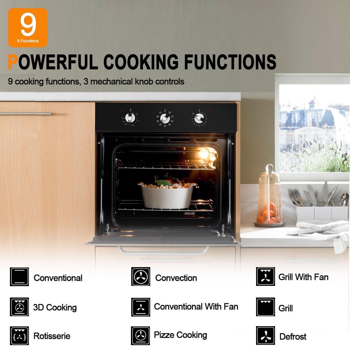 24 Inch Wall Oven, GASLAND Chef ES609MB Built-in Electric Wall Oven, 240V 3200W 2.3Cu.f Convection Wall Oven with Rotisserie, 9 Cooking Modes, Mechanical Knob Control, Transparent Window, Black