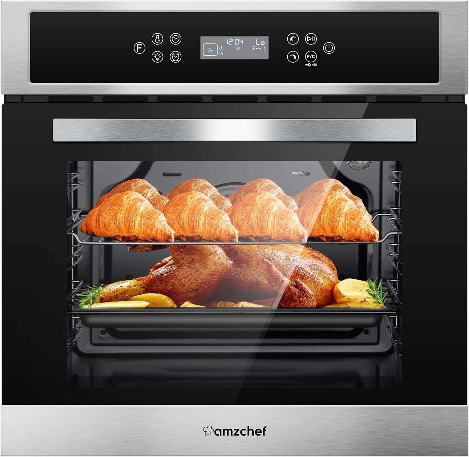 AMZCHEF Single Wall Oven 24 Built-in Electric Ovens with 11 Functions, 8 Automatic Recipes, 2800W, 240V, 2.5Cu.f Convection Wall Oven in Stainless Steel, Touch Control, Timer, Safety Lock