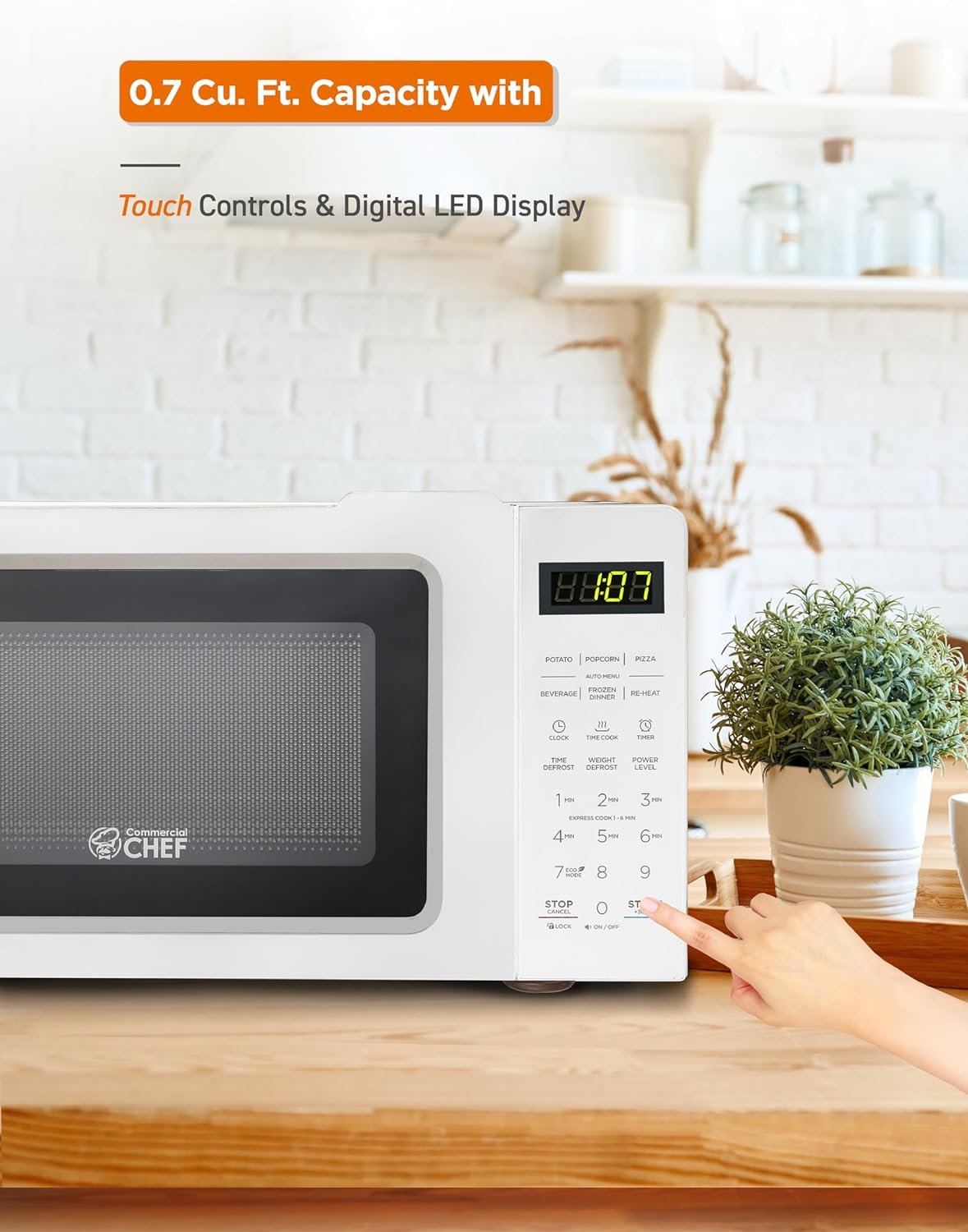 COMMERCIAL CHEF 0.7 Cubic Foot Microwave with 10 Power Levels, Small Microwave with Push Button, 700W Countertop Microwave up to 99 Minute Timer and Digital Display, Stainless Steel