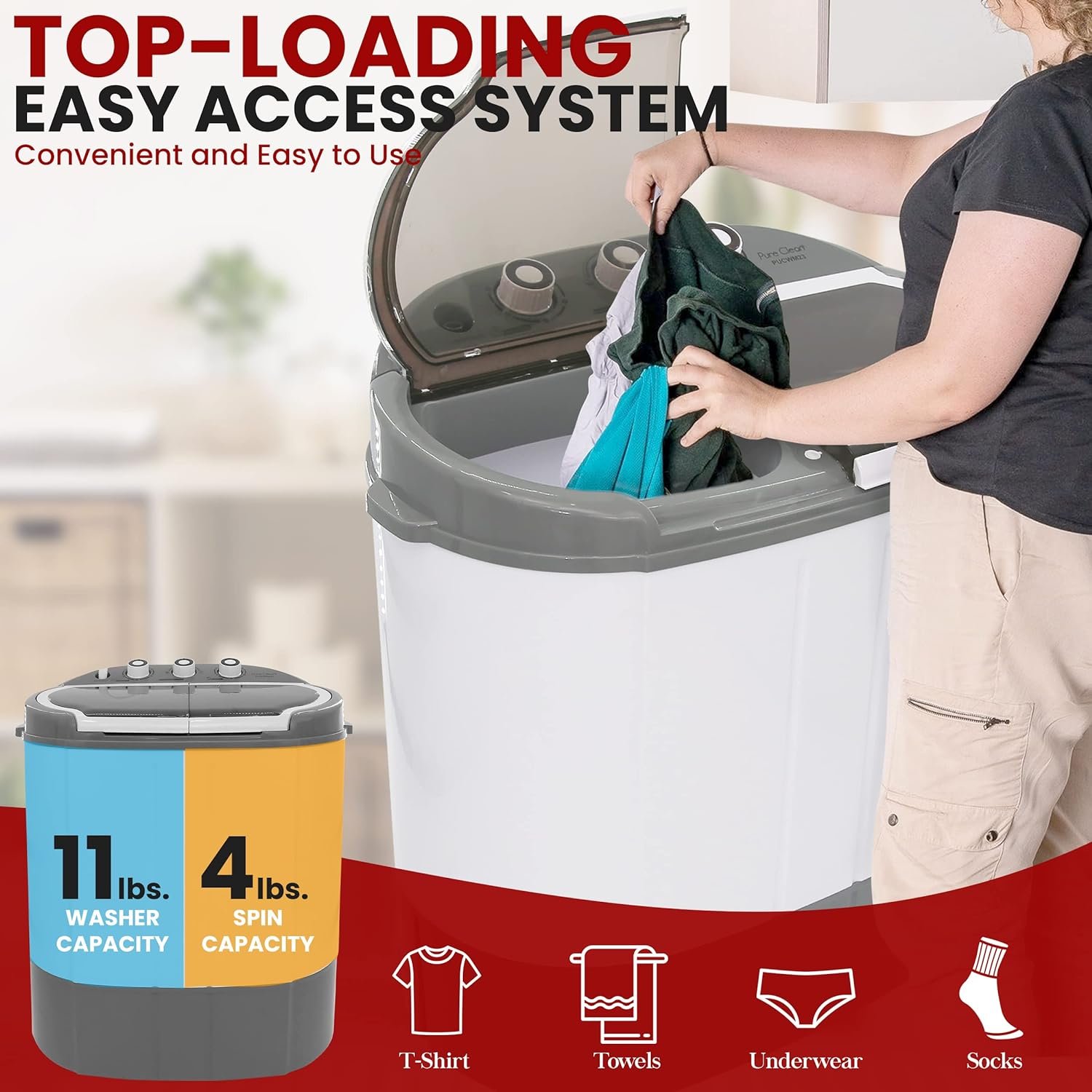 Compact Home Washer  Dryer, 2 in 1 Portable Mini Washing Machine, Twin Tubs, 11lbs. Capacity, 110V, Spin Cycle w/Hose, Translucent Tub Container Window, Ideal for Smaller Laundry Loads