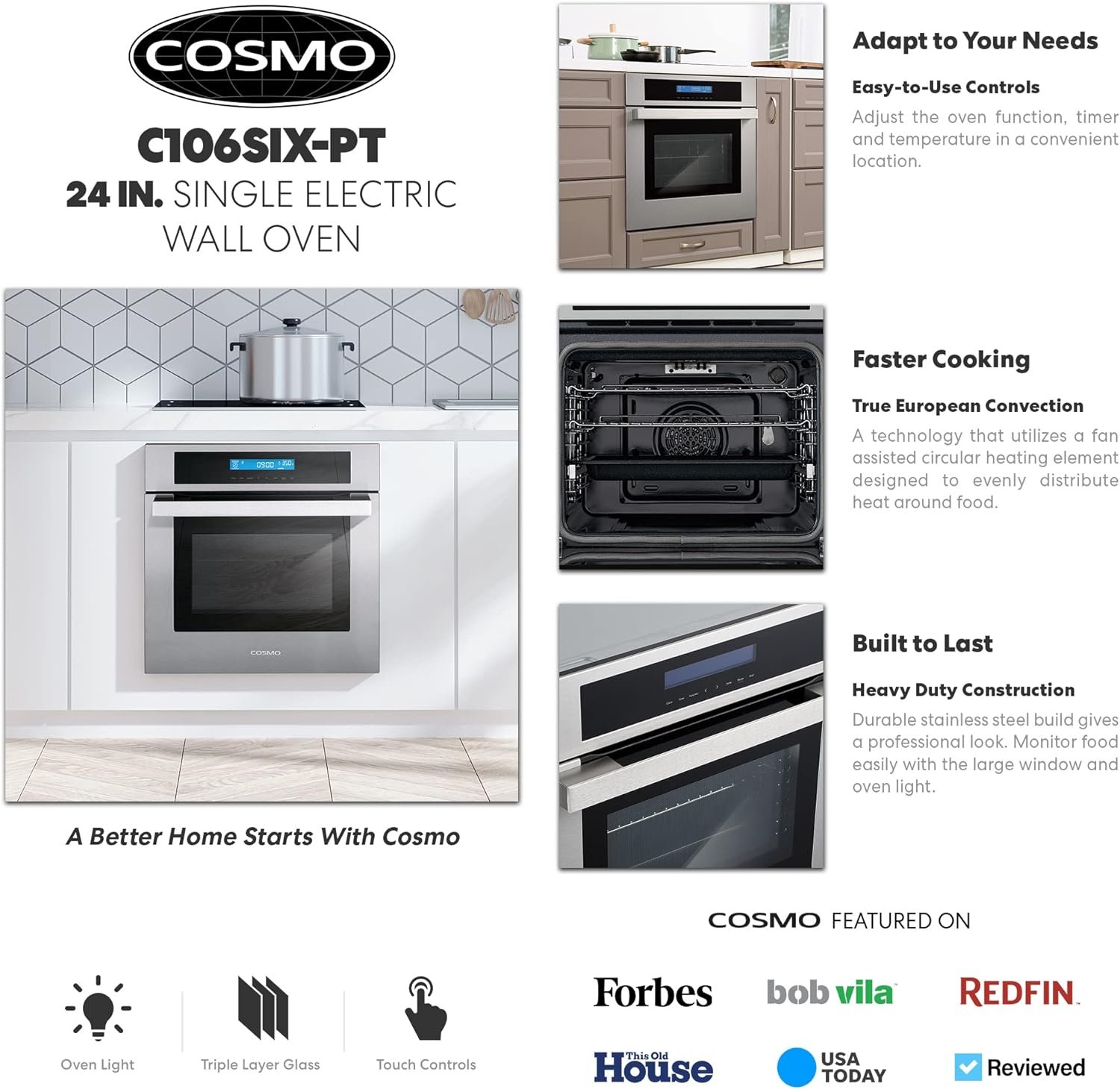 COSMO COS-C106SIX-PT 24 in. Single Wall Electric Convection Oven
