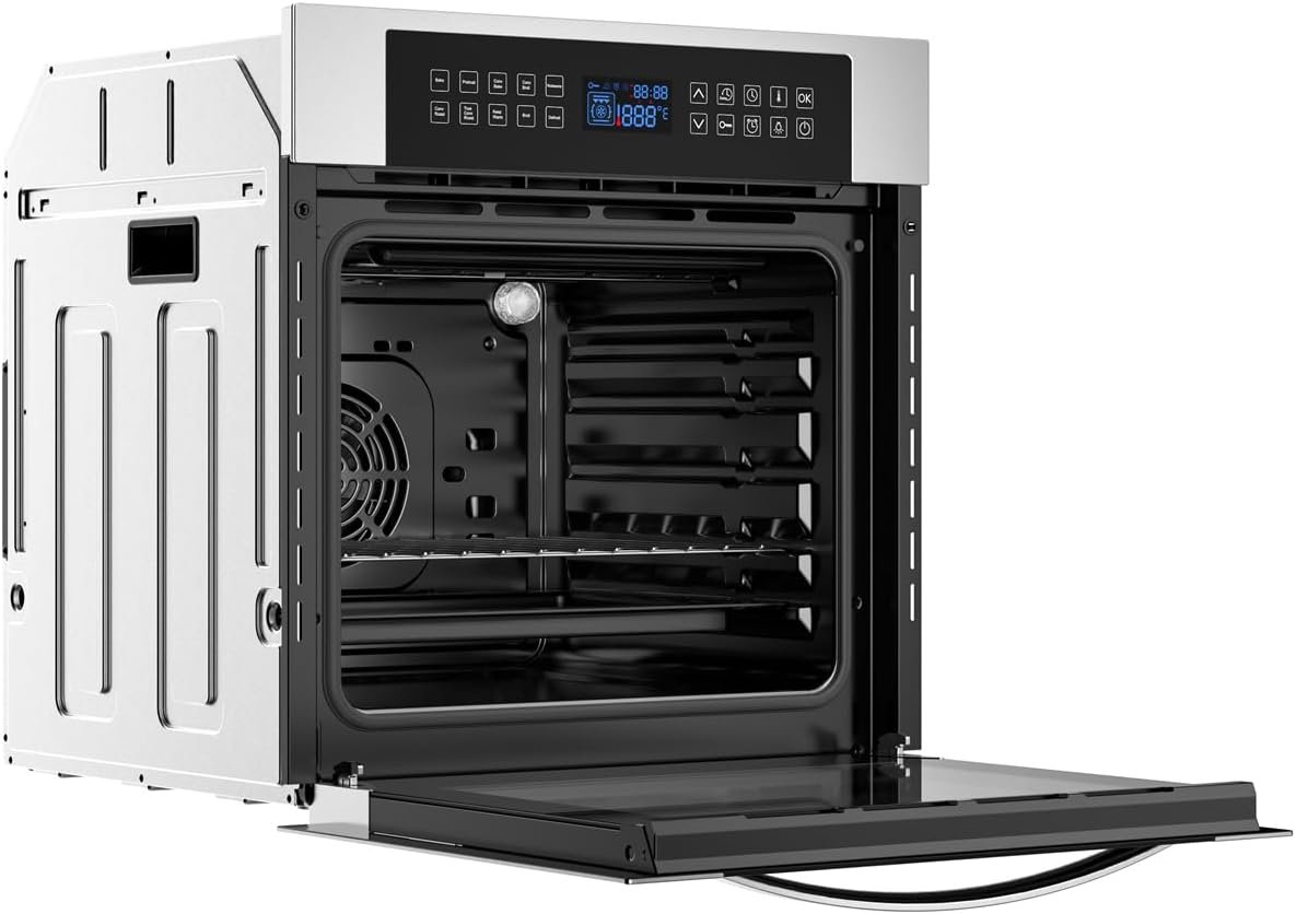 Empava 24 Electric Convection Single Wall Oven 10 Cooking Functions Deluxe 360° ROTISSERIE with Sensitive Touch Control in Stainless Steel, Silver