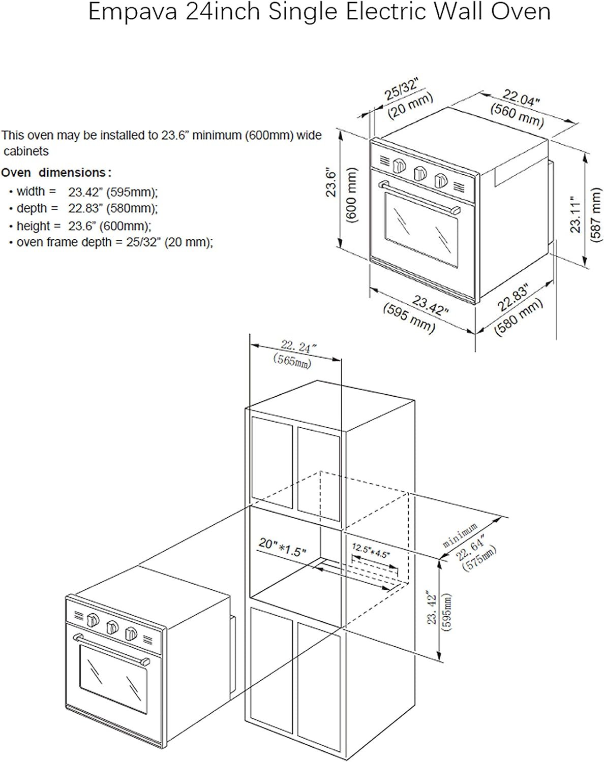 Empava 24 Electric Single Wall Oven 10 Cooking Functions Deluxe 360° ROTISSERIE with Sensitive Touch Control in Stainless Steel, XC02