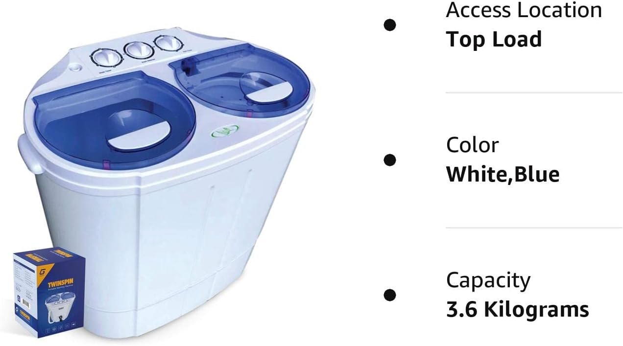 Garatic Portable Compact Mini Twin Tub Washing Machine w/Wash and Spin Cycle, Built-in Gravity Drain, 13lbs Capacity For Camping, Apartments, Dorms, College Rooms, RV’s, Delicates and more