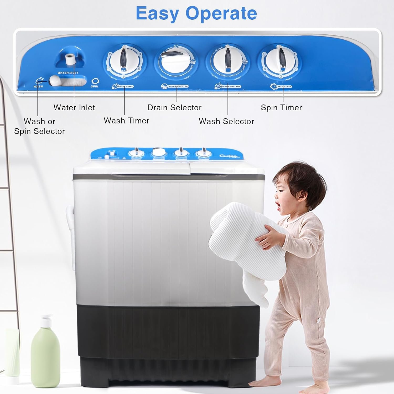 Iorbur 24Lbs Portable Washer and Dryer, Portable Washing Machine, Washer (16Lbs) Spin(8Lbs)2 in 1 Twin Tub Washer Compact Machine with Drain Pump
