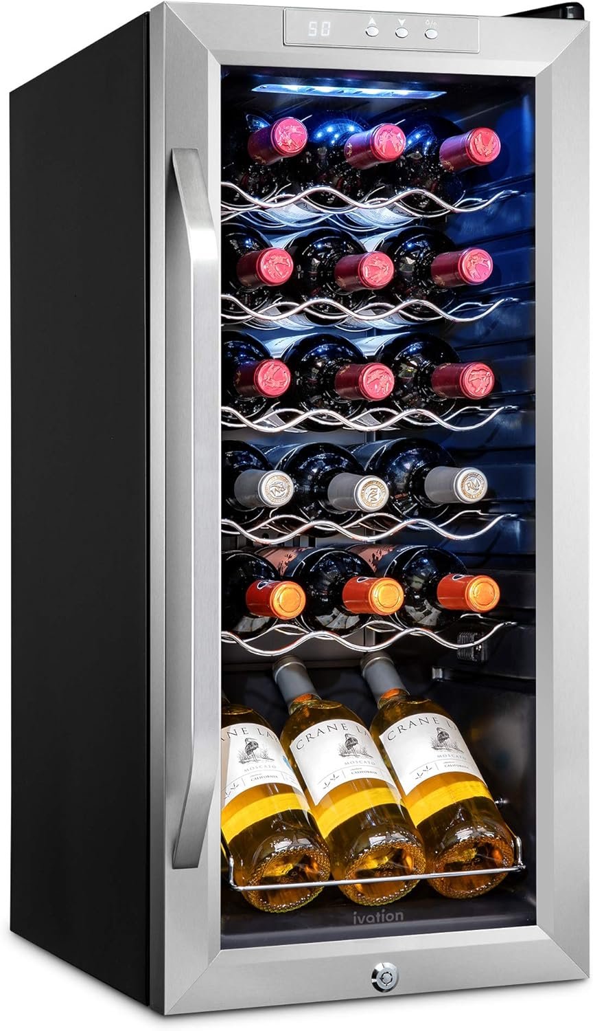 Ivation 18 Bottle Compressor Wine Cooler Refrigerator w/Lock | Large Freestanding Wine Cellar For Red, White, Champagne or Sparkling Wine | 41f-64f Digital Temperature Control Fridge Stainless Steel