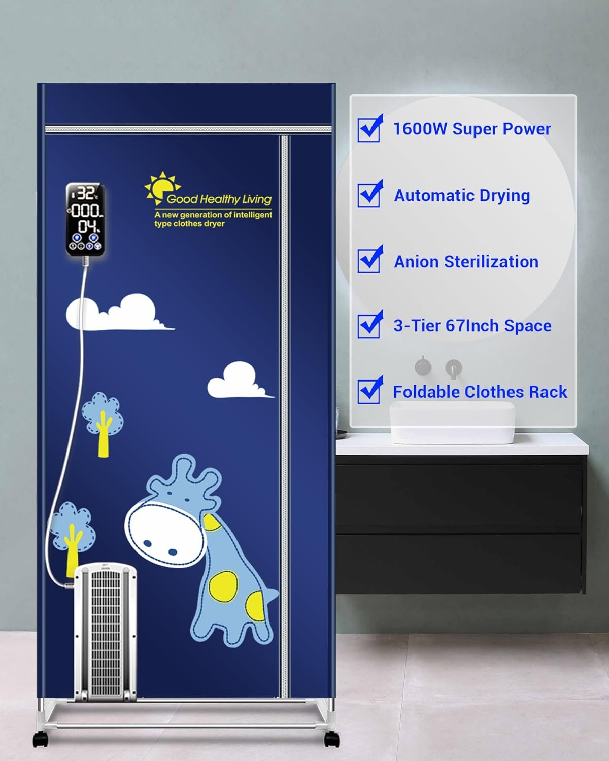KASYDoFF Portable Dryer, 35LB Capacity-67Inch Clothes Dryer (Anion), 1600W-3 Tier Foldable Portable Clothes Dryer Rack, Energy Saving Portable Dryer for Apartment, Indoor, Travel