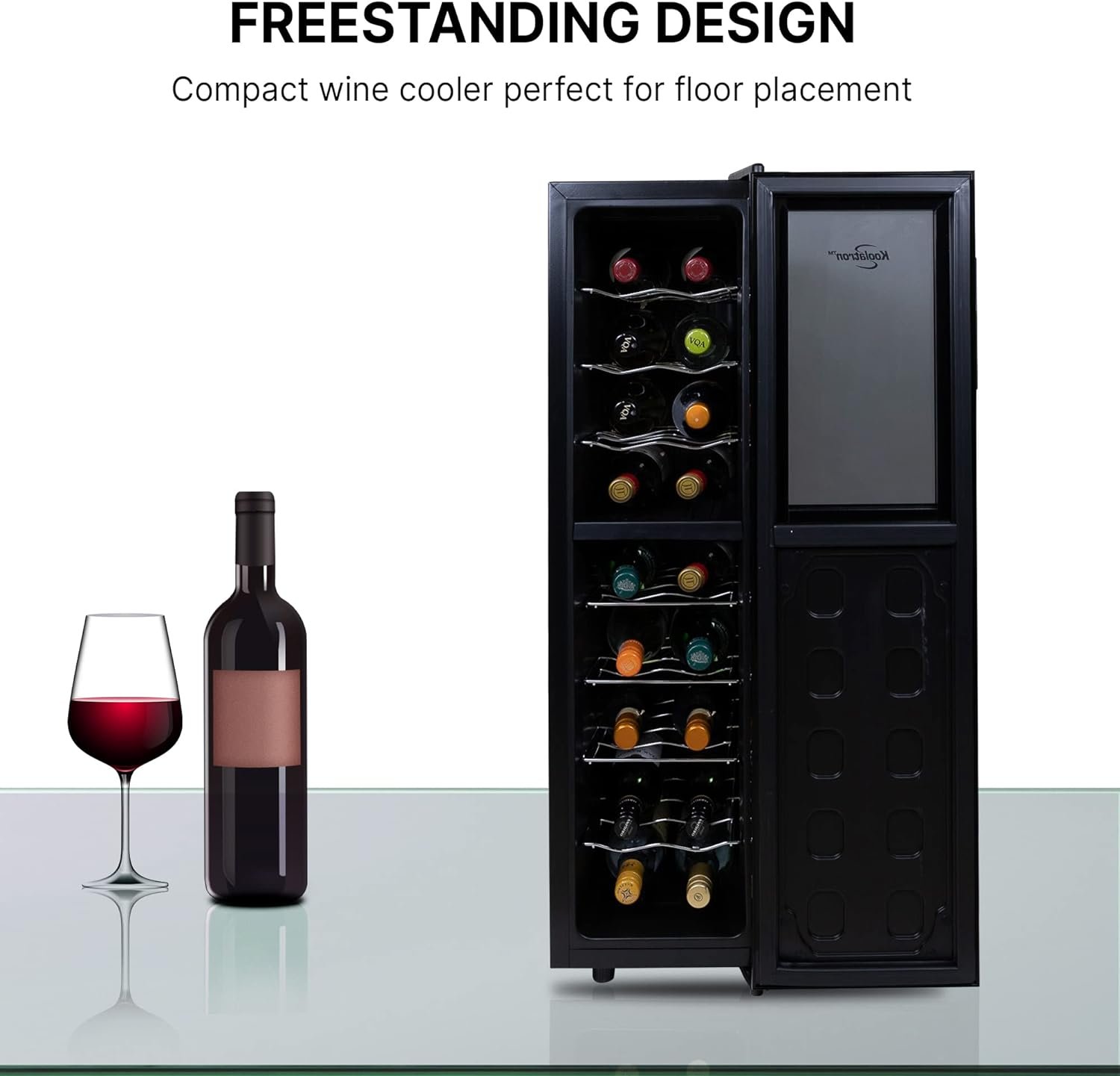 Koolatron 18 Bottle Slim Dual Zone Wine Cooler, Black Thermoelectric Wine Fridge, 1.9 cu. Ft (53L) Freestanding Wine Cellar, Red, White, Sparkling Wine Storage for Home Bar, Kitchen, Apartment, Condo