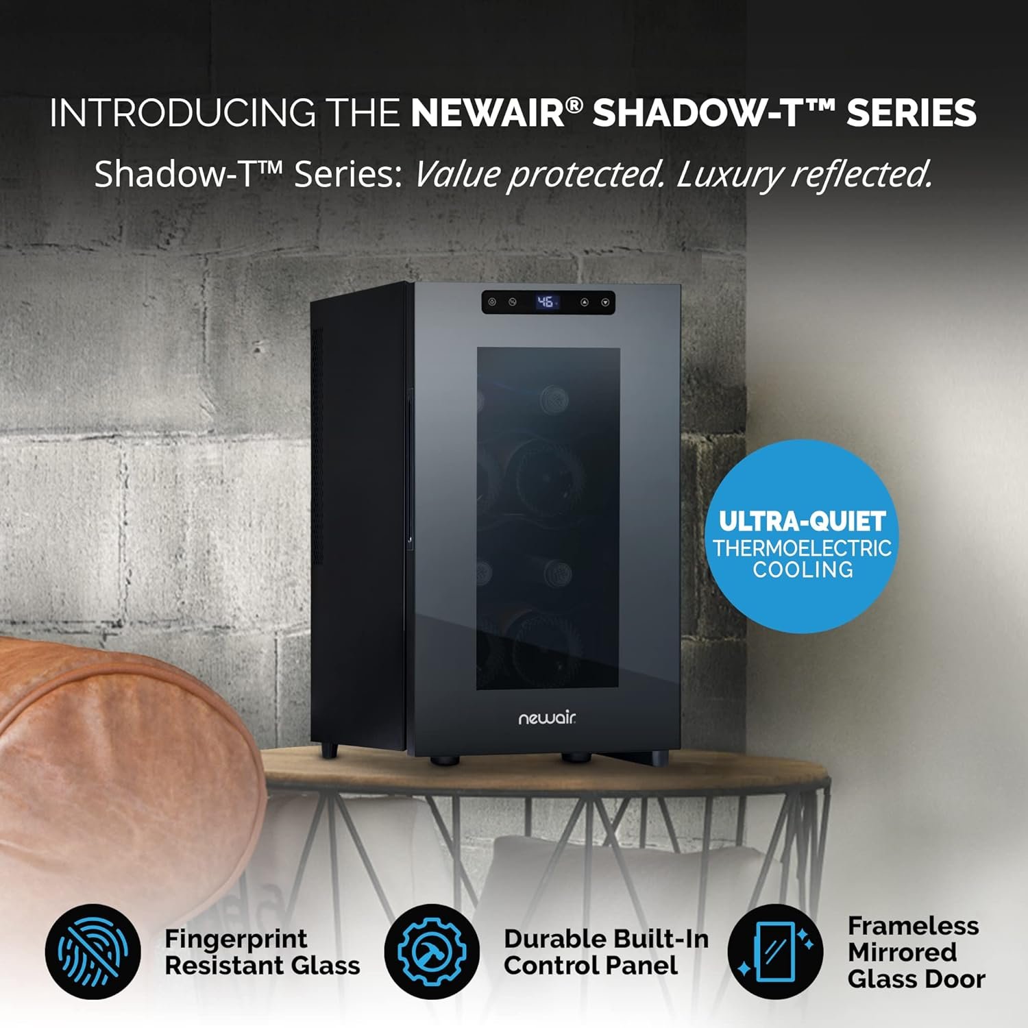 NewAir Shadow-T Series Wine Cooler Refrigerator | 8 Bottle | Countertop Mirrored Compact Wine Cellar with Triple-Layer Tempered Glass Door | Vibration-Free  Ultra-Quiet Thermoelectric Cooling