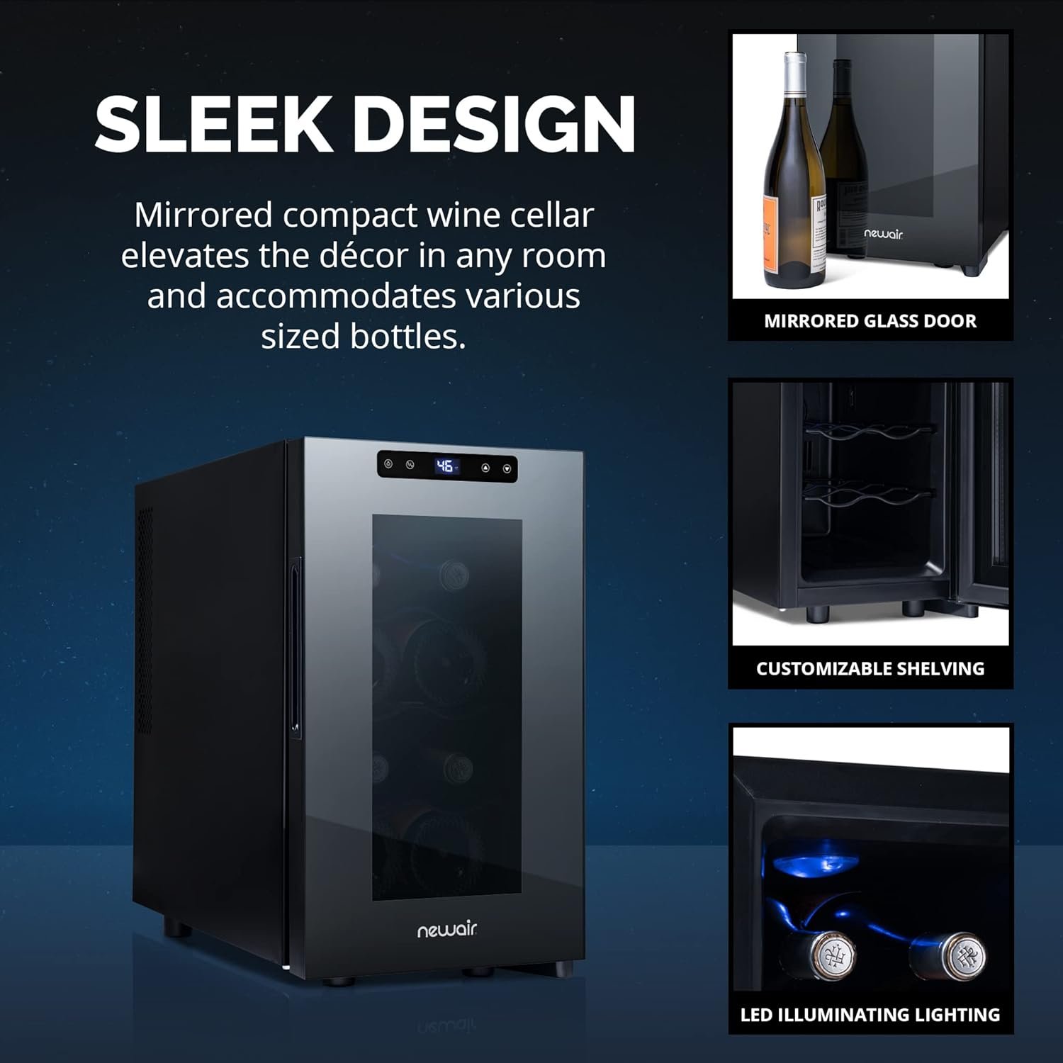 NewAir Shadow-T Series Wine Cooler Refrigerator | 8 Bottle | Countertop Mirrored Compact Wine Cellar with Triple-Layer Tempered Glass Door | Vibration-Free  Ultra-Quiet Thermoelectric Cooling