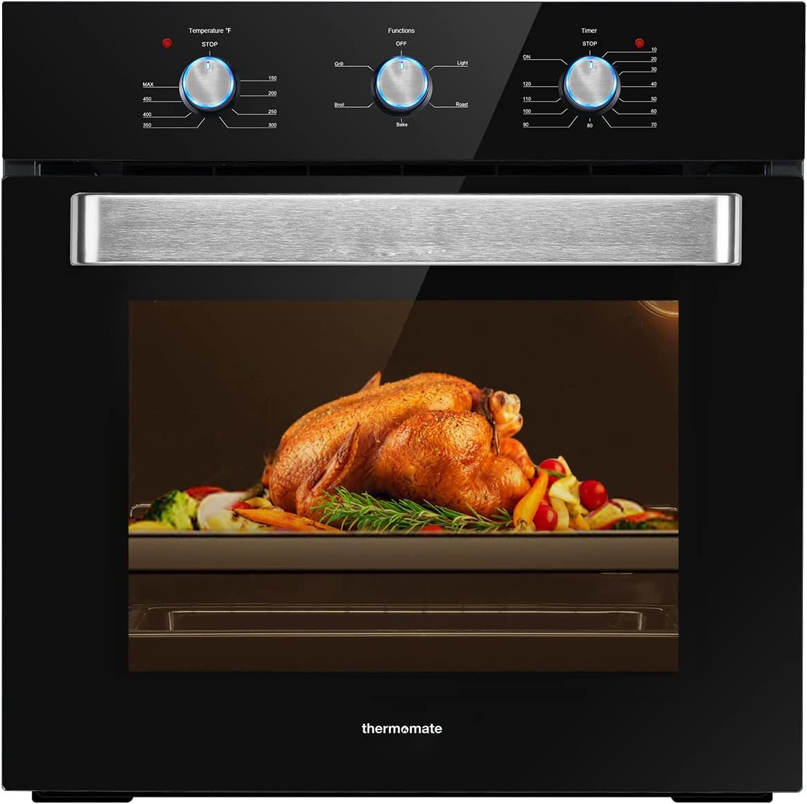 Single Wall Oven, thermomate 24 Inch Electric Wall Oven with 5 Cooking Functions, 2000W Built-in Ovens with Mechanical Knobs Control, Black Tempered Glass Finish, ETL Certified