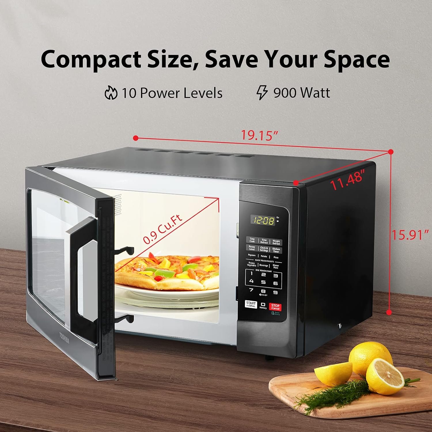 TOSHIBA 0.9 Cu Ft 900W Countertop Microwave, 10.6 Turntable, 6 Menus, Mute, ECO Mode, Child Lock, Black Stainless Steel