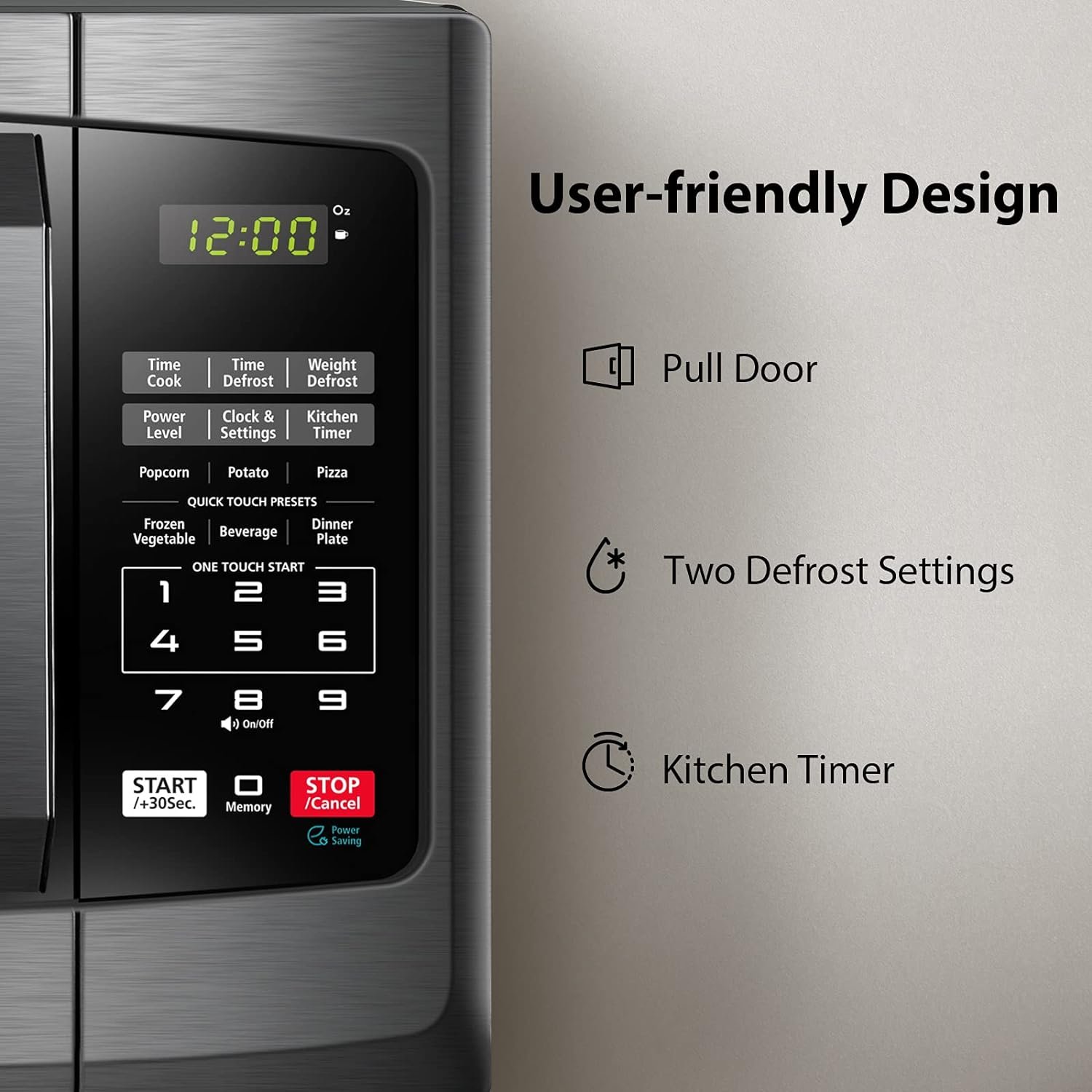 TOSHIBA 0.9 Cu Ft 900W Countertop Microwave, 10.6 Turntable, 6 Menus, Mute, ECO Mode, Child Lock, Black Stainless Steel