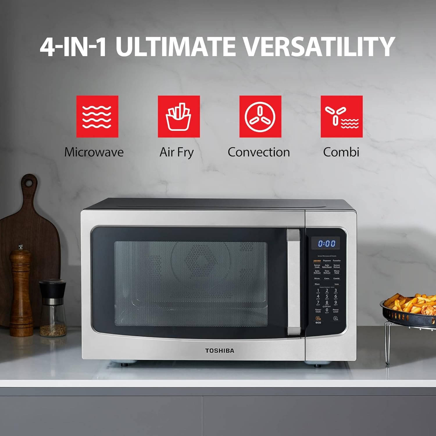 TOSHIBA 4-in-1 ML-EC42P(SS) Countertop Microwave Oven, Smart Sensor, Convection, Air Fryer Combo, Mute Function, Position Memory 13.6 Turntable, 1.5 Cu Ft, 1500W, Silver
