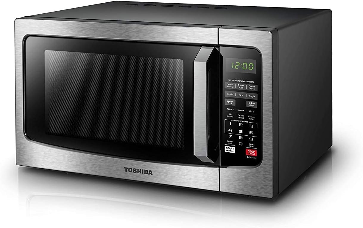 TOSHIBA EM131A5C-SS Countertop Microwave Ovens 1.2 Cu Ft, 12.4 Removable Turntable Smart Humidity Sensor 12 Auto Menus Mute Function ECO Mode Easy Clean Interior, 1100W, Silver