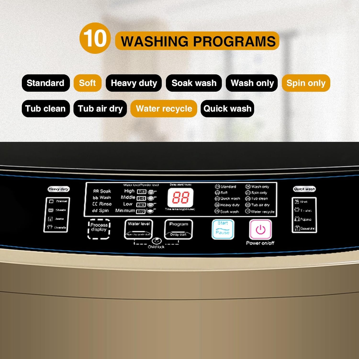 Tymyp 17.8 LBS Portable Washer Combo, Full Automatic Washing Machine with LED Display, 10 Wash Programs and 8 Water Levels, Ideal for Dorms, Apartments, RV(Golden)