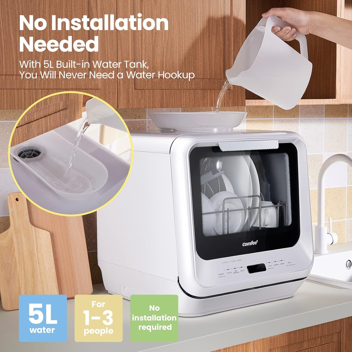 COMFEE Portable Dishwasher Countertop with 5L Built-in Water Tank, No Hookup Needed, 6 Programs, 360° Dual Spray, 192℉ High-Temp Air-Dry Function, Mini Dishwasher for RVs, White