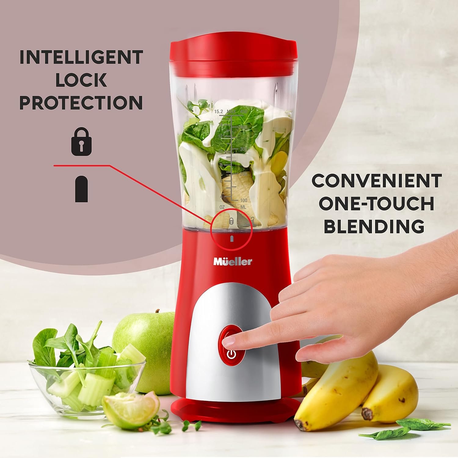Mueller Personal Blender for Shakes and Smoothies with 15 Oz Travel Cup and Lid, Juices, Baby Food, Heavy-Duty Portable Blender  Food Processor, Grey