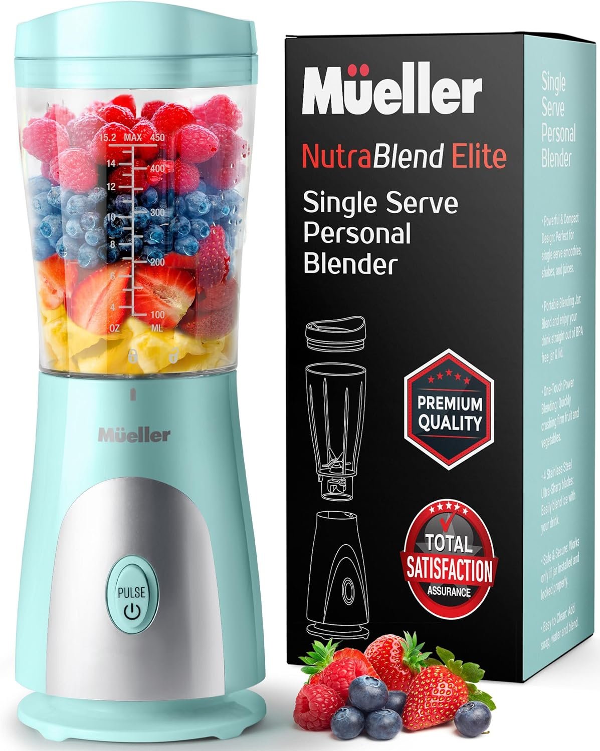 Mueller Personal Blender for Shakes and Smoothies with 15 Oz Travel Cup and Lid, Juices, Baby Food, Heavy-Duty Portable Blender  Food Processor, Grey
