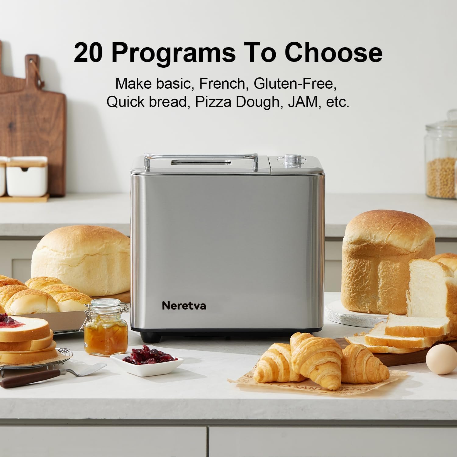 Neretva Bread Maker Machine, 20-in-1 2LB Automatic Breadmaker with Gluten Free Pizza Sourdough Setting, Digital, Programmable, 1 Hour Keep Warm, 2 Loaf Sizes, 3 Crust Colors - Receipe Booked Included