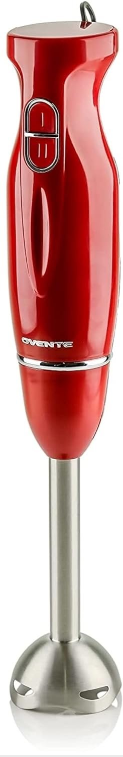 OVENTE Electric Immersion Hand Blender 300 Watt 2 Mixing Speed with Stainless Steel Blades, Powerful Portable Easy Control Grip Stick Mixer Perfect for Smoothies, Puree Baby Food  Soup, Red HS560R