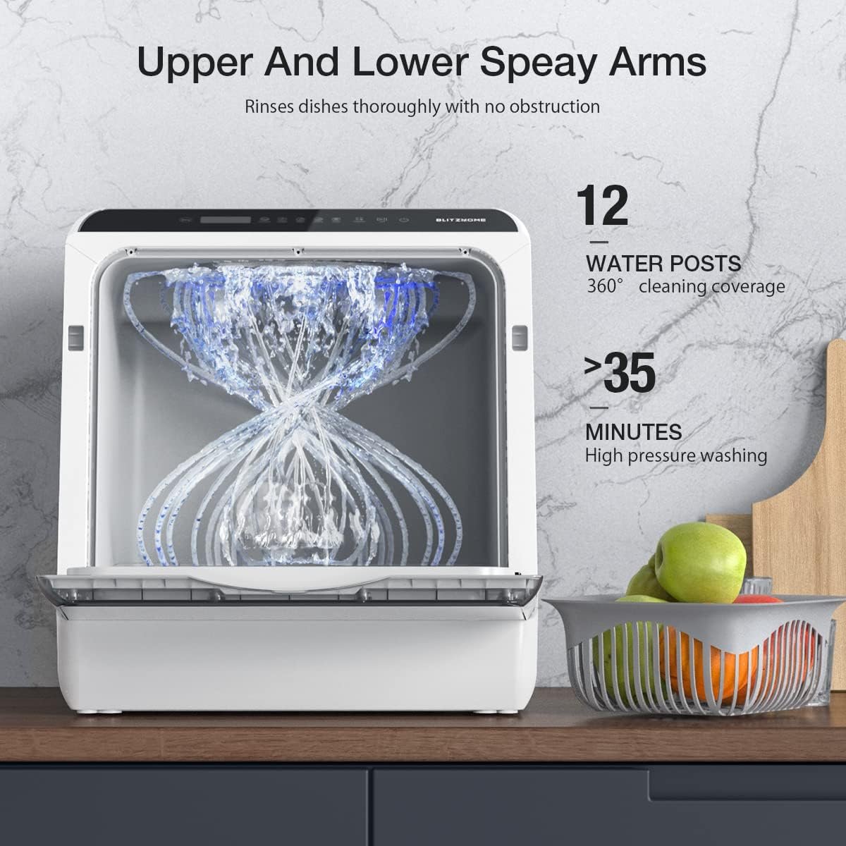 BLITZHOME Portable Dishwasher Countertop, WIFI Smart Dishwasher, Compact Dishwashers with 5L Built-in Water Tank, 6 Programs, 360° Dual Spray, High-Temp Air-Dry Function, Fruit Cleaning