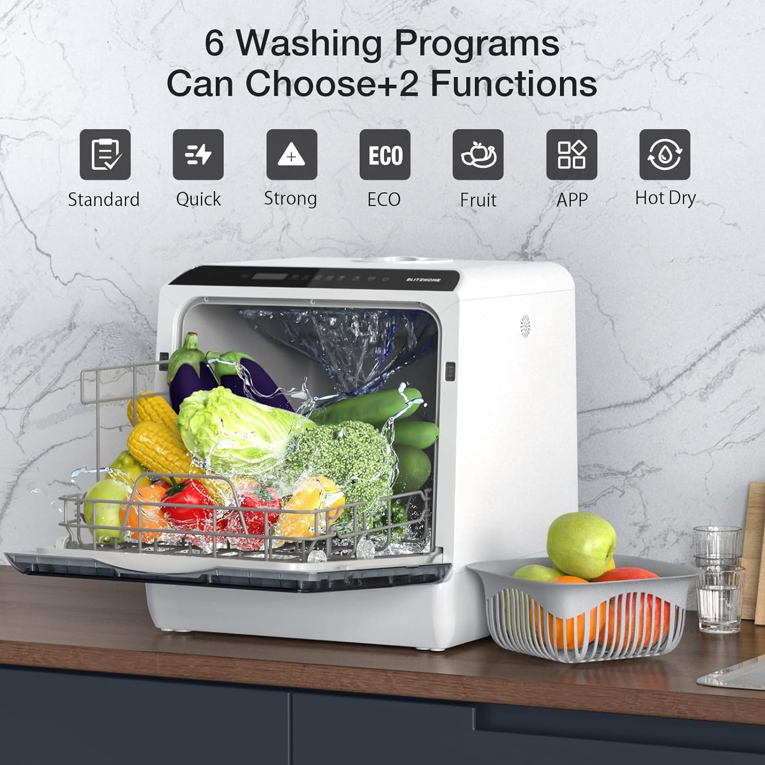 BLITZHOME Portable Dishwasher Countertop, WIFI Smart Dishwasher, Compact Dishwashers with 5L Built-in Water Tank, 6 Programs, 360° Dual Spray, High-Temp Air-Dry Function, Fruit Cleaning