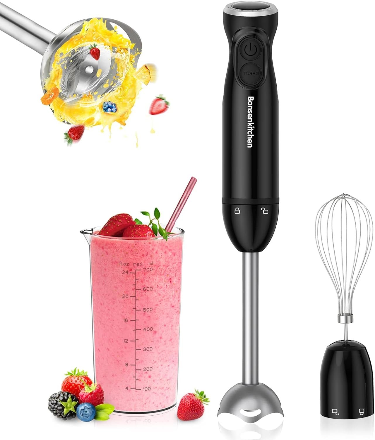 Bonsenkitchen Handheld Blender, Electric Hand Blender 12-Speed  Turbo Mode, Immersion Blender Portable Stick Mixer with Stainless Steel Blades for Soup, Smoothie, Puree, Baby Food