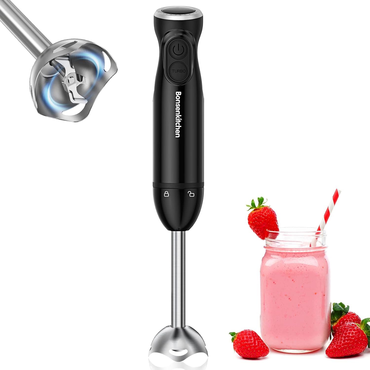 Bonsenkitchen Handheld Blender, Electric Hand Blender 12-Speed  Turbo Mode, Immersion Blender Portable Stick Mixer with Stainless Steel Blades for Soup, Smoothie, Puree, Baby Food