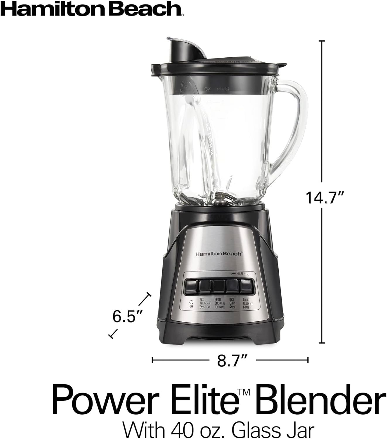 Hamilton Beach Power Elite Wave Action Blender For Shakes and Smoothies, Puree, Crush Ice, 40 Oz Glass Jar, 12 Functions, Stainless Steel Ice Sabre Blades, 700 Watts, Black (58148A)