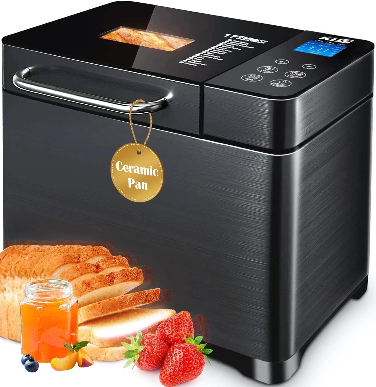 KBS 17-in-1 Bread Maker-Dual Heaters, 710W Machine Stainless Steel with Gluten-Free, Dough Maker,Jam,Yogurt PROG, Auto Nut Dispenser,Ceramic Pan Touch Panel, 3 Loaf Sizes 3 Crust Colors,Recipes