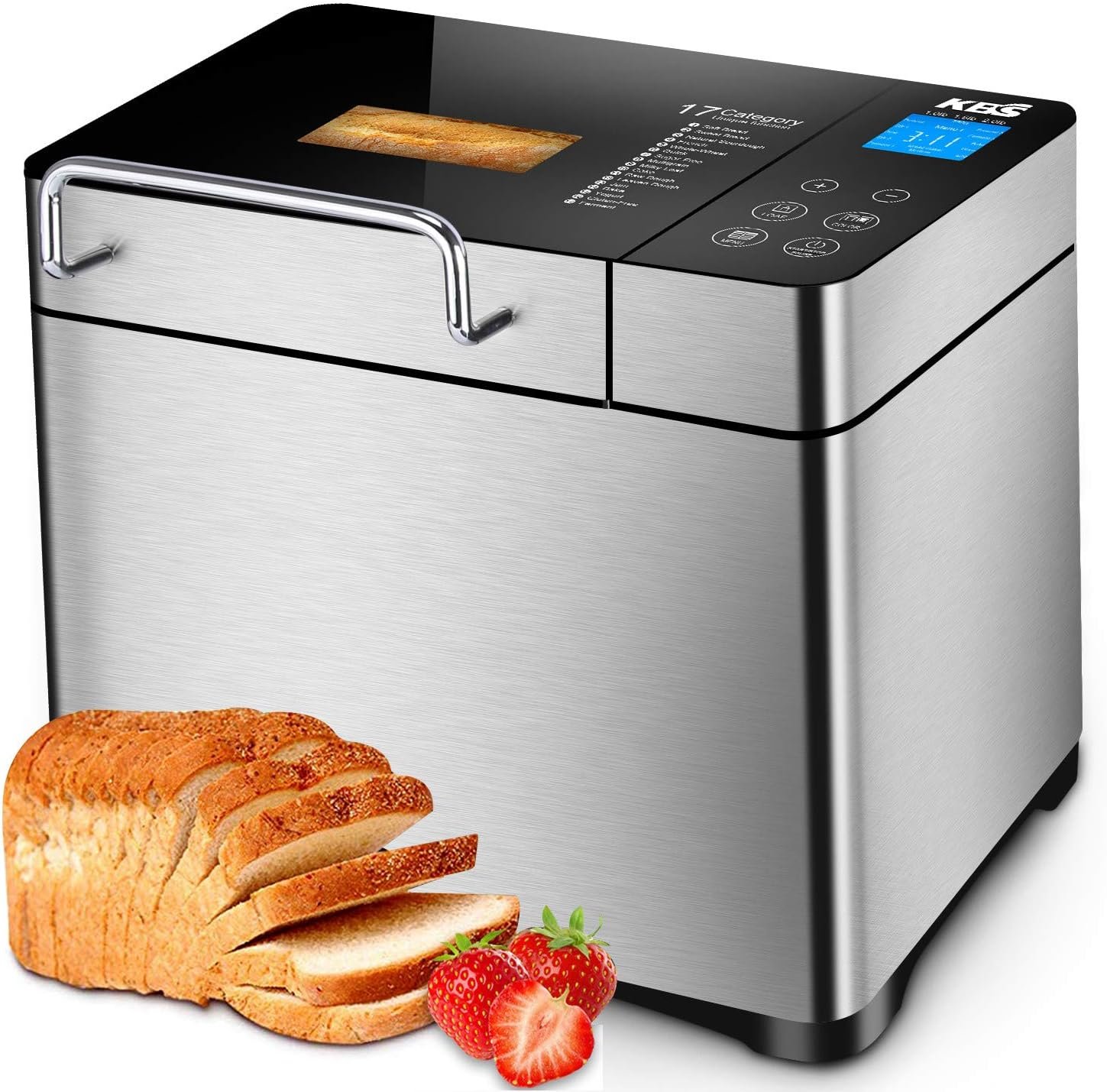 KBS Pro Stainless Steel Bread Machine, 2LB 17-in-1 Programmable XL Bread Maker with Fruit Nut Dispenser, Nonstick Ceramic Pan Digital Touch Panel, 3 Loaf Sizes 3 Crust Colors, Reserve Keep Warm Set