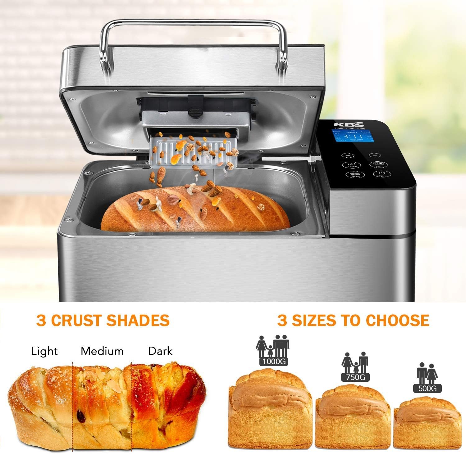 KBS Pro Stainless Steel Bread Machine, 2LB 17-in-1 Programmable XL Bread Maker with Fruit Nut Dispenser, Nonstick Ceramic Pan Digital Touch Panel, 3 Loaf Sizes 3 Crust Colors, Reserve Keep Warm Set