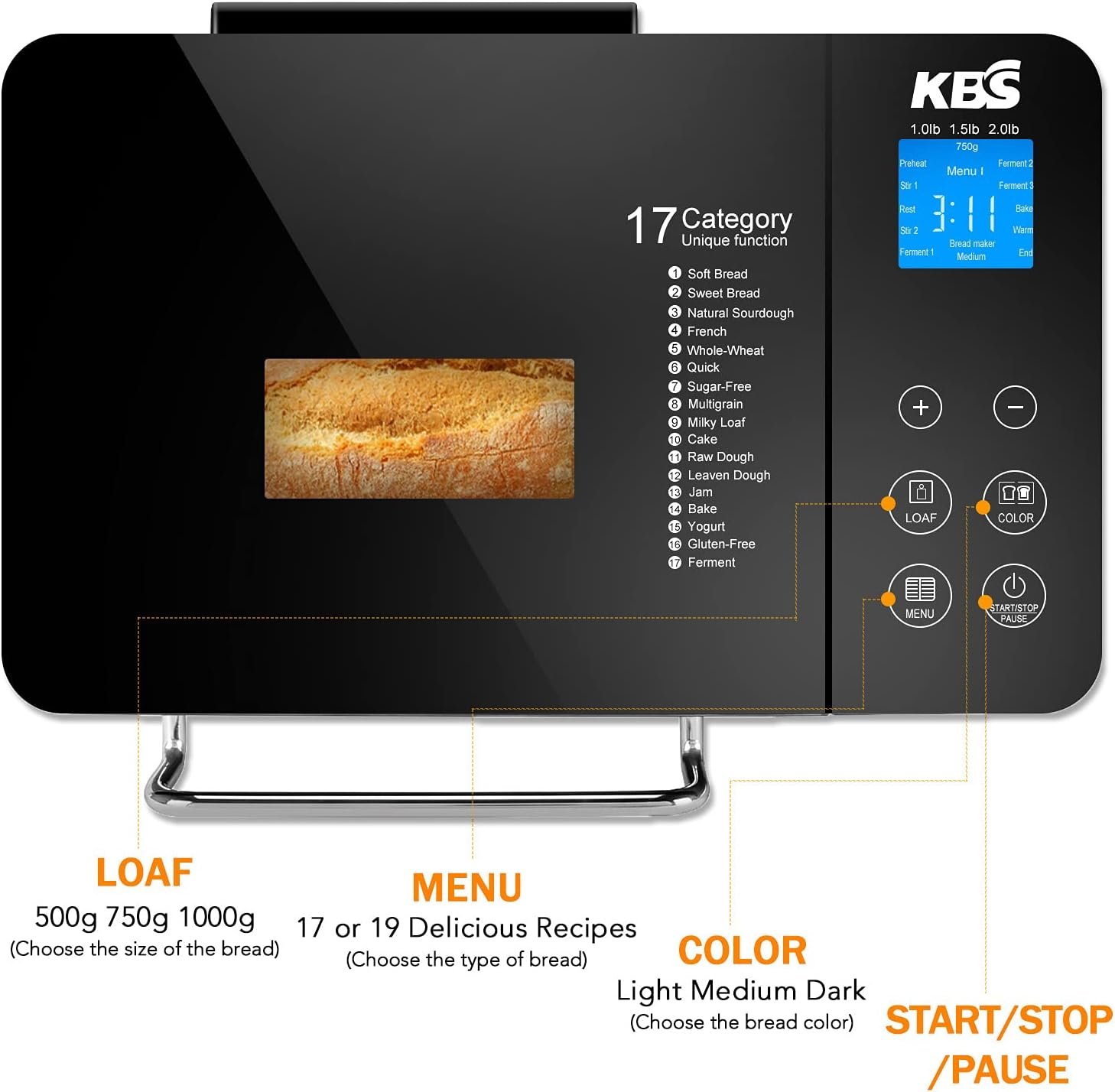 KBS Pro Stainless Steel Bread Machine, 2LB 17-in-1 Programmable XL Bread Maker with Fruit Nut Dispenser, Nonstick Ceramic Pan Digital Touch Panel, 3 Loaf Sizes 3 Crust Colors, Reserve Keep Warm Set