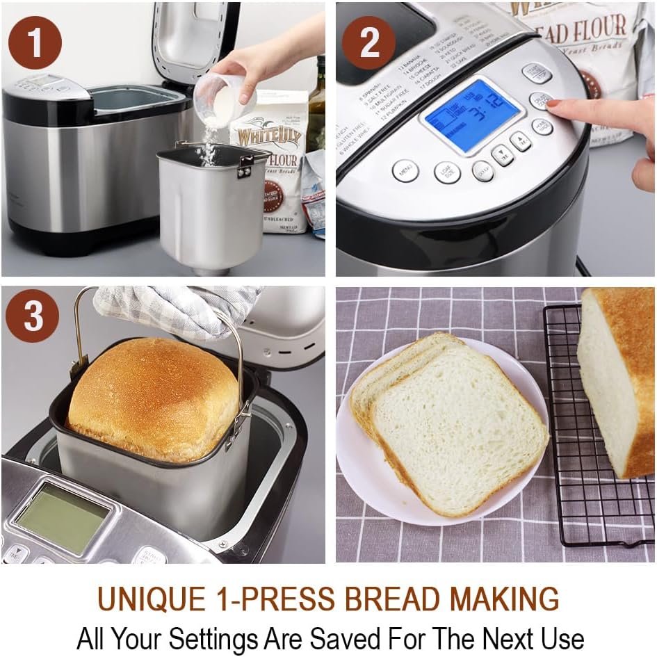 KITCHENARM 29-in-1 SMART Bread Machine with Gluten Free Setting 2LB 1.5LB 1LB Bread Maker Machine with Homemade Cycle - Stainless Steel Breadmaker with Recipes Whole Wheat Bread Making Machine