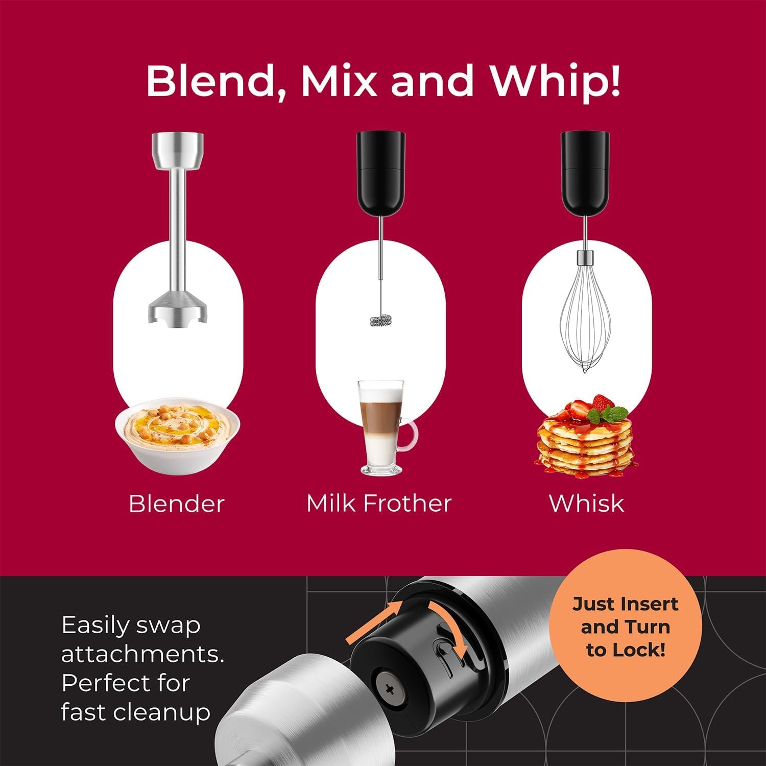 MuellerLiving Hand Blender, Immersion Blender, Hand Mixer with Attachments: Stainless Steel Blade, Whisk, Milk Frother
