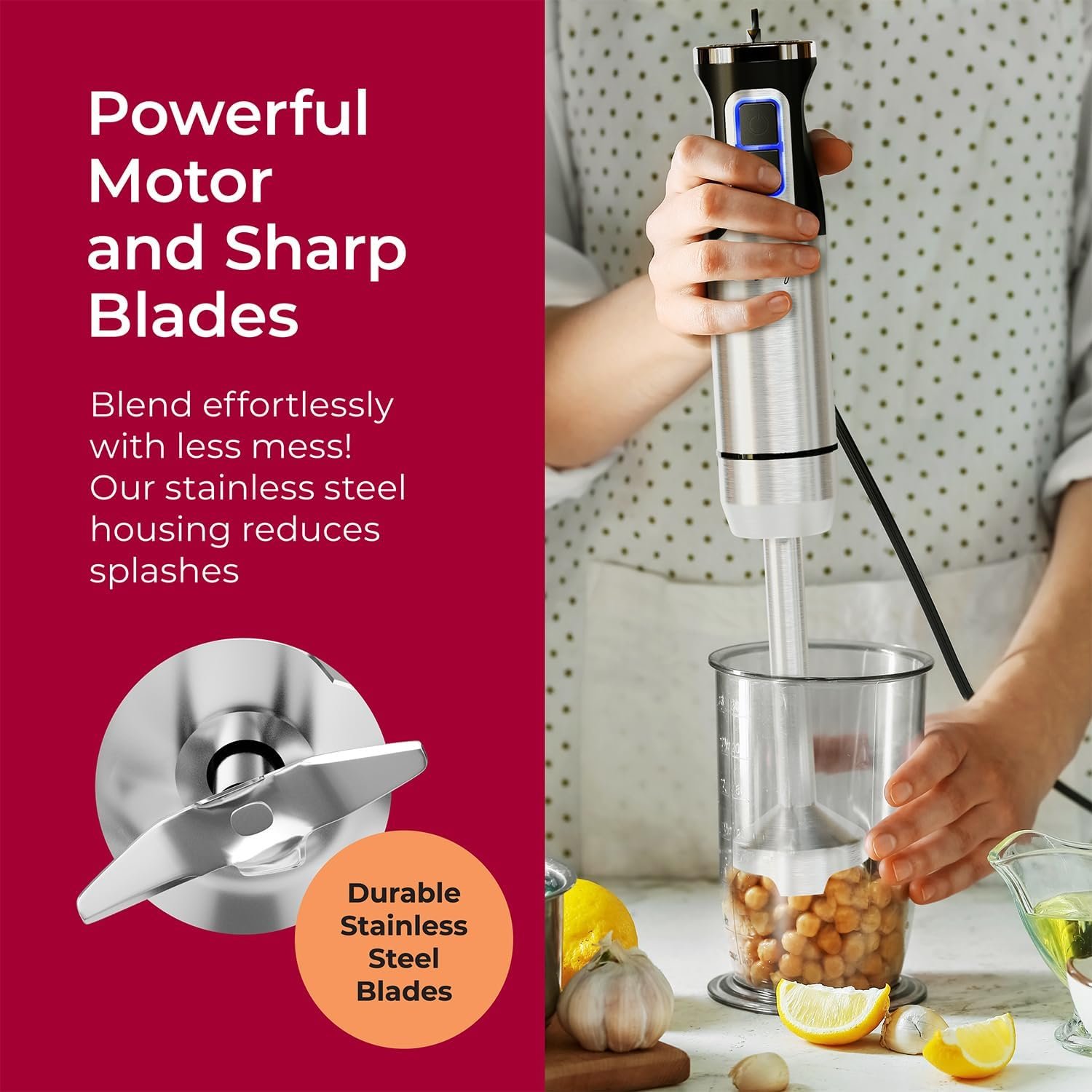 MuellerLiving Hand Blender, Immersion Blender, Hand Mixer with Attachments: Stainless Steel Blade, Whisk, Milk Frother