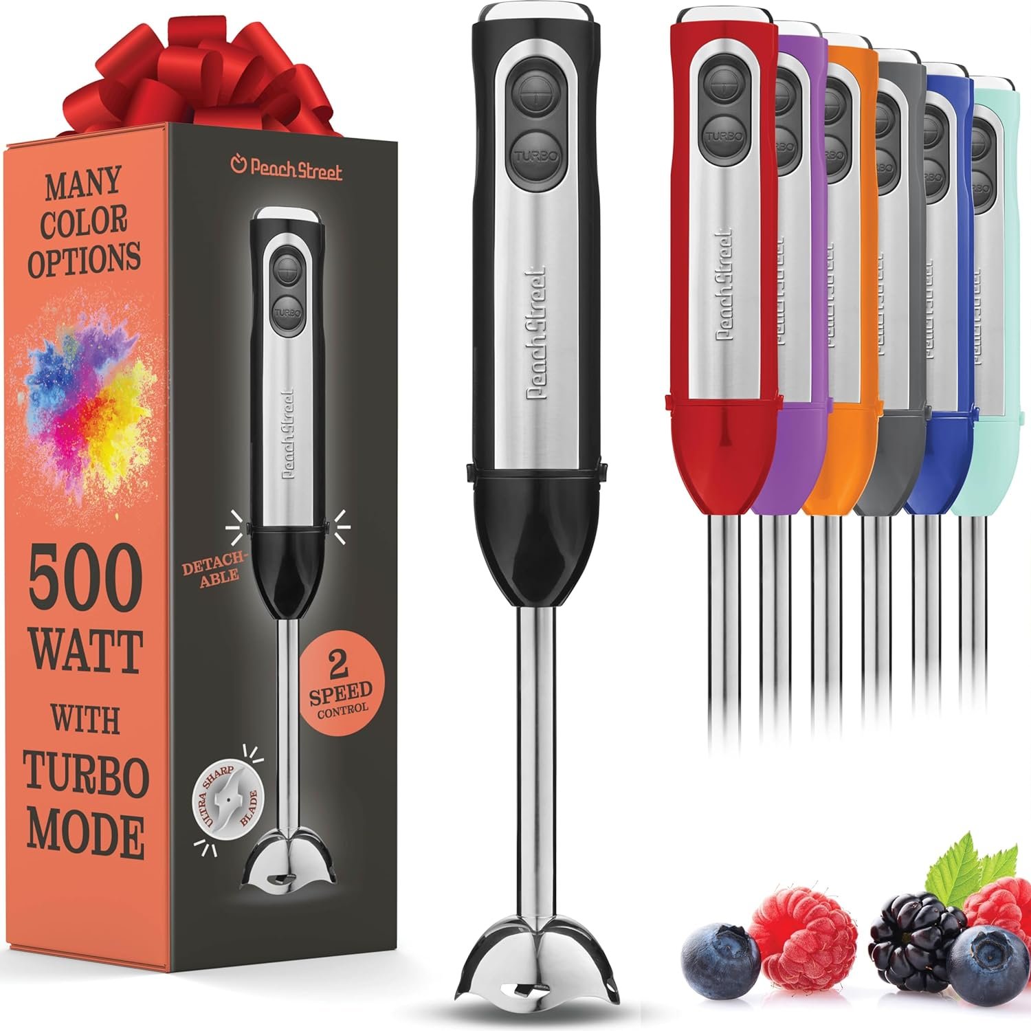 Powerful Immersion Blender, Electric Hand Blender 500 Watt with Turbo Mode, Detachable Base. Handheld Kitchen Gadget Blender Stick for Soup, Smoothie, Puree, Baby Food, 304 Stainless Steel Blades