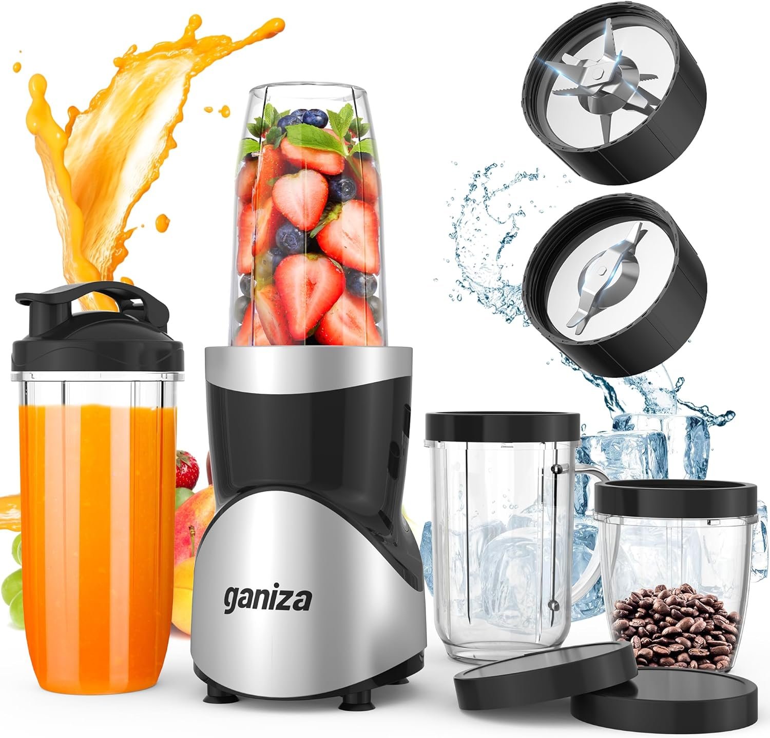 Ganiza Smoothie Blender, Blender for Shakes and Smoothies, 15-Piece Personal Blender and Grinder Combo for Kitchen, Smoothies Maker with 4 BPA-Free Portable Blender Cup, Nutritious Recipe, MAX 900W