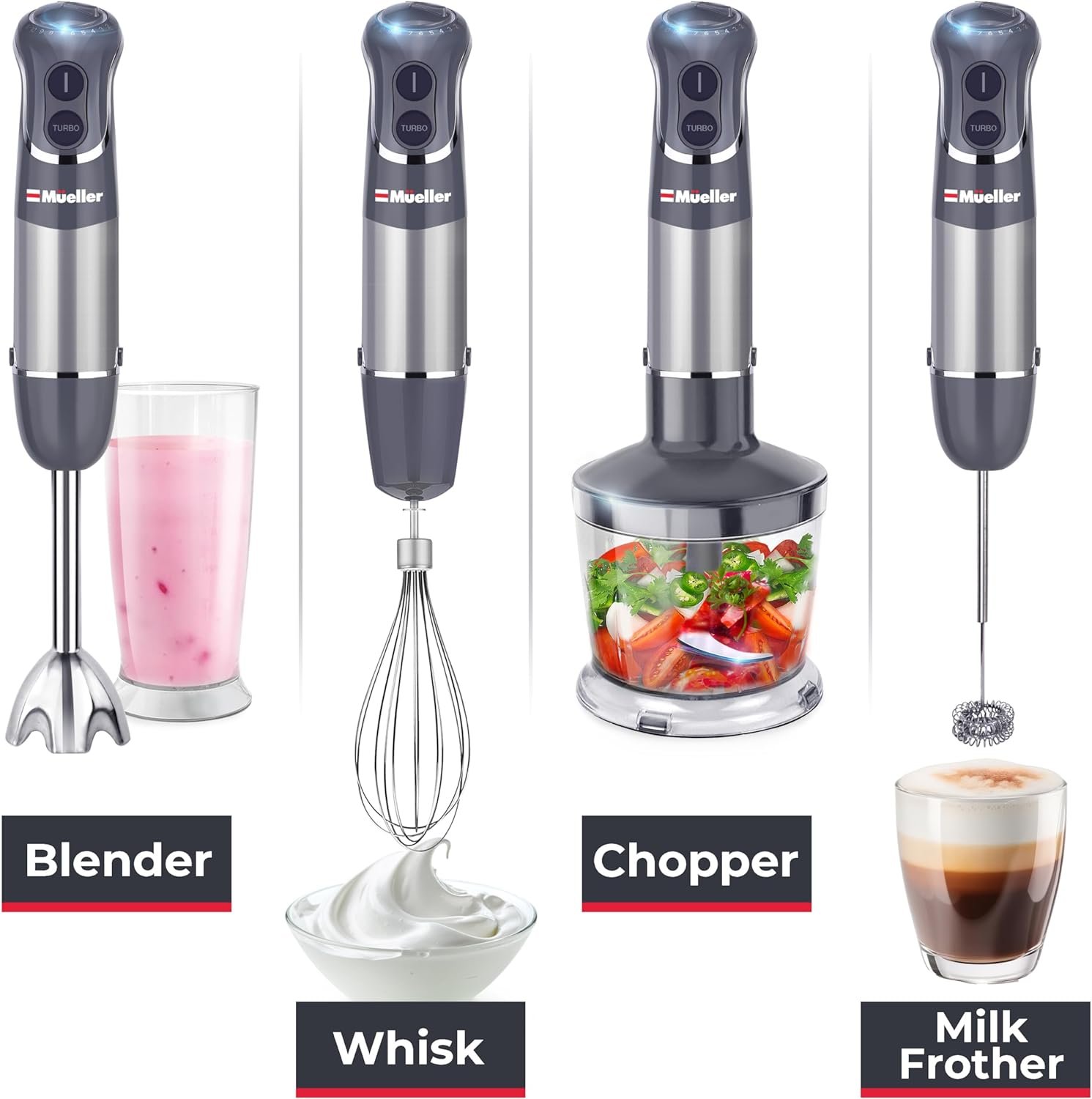 Mueller Multistick 800W 3-in-1 Immersion Blender Handheld, 12 Speed with Turbo Boost, Heaviest Duty Copper Motor, Titanium Blades Hand Blender, Ergonomic Grip, Whisk, Beaker, Chopper