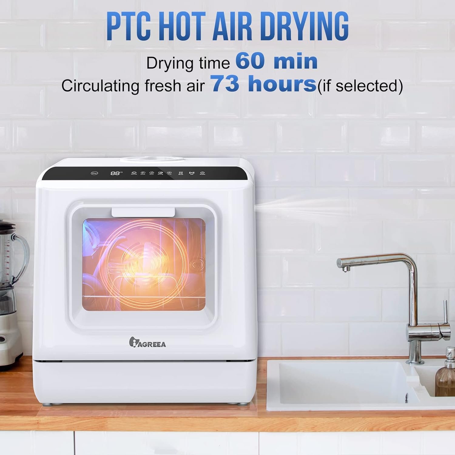 Portable Dishwasher Countertop, IAGREEA No Hookup Needed Mini dishwasher with 5 L Built-in Water Tank  Inlet Hose, 6 Programs, 360° Dual Spray, Extra Dry Function for Apartments/Camping/Dorms/RV