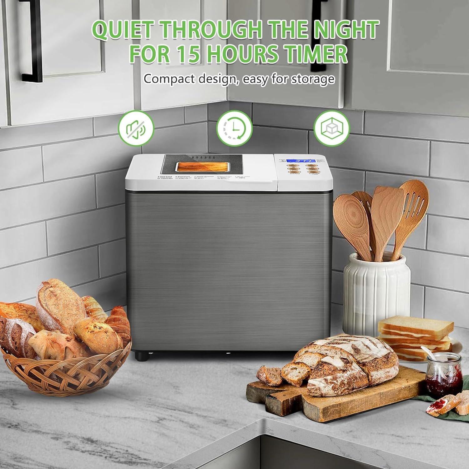 Bread Machine Dual-Heaters, 19-in-1 Horizontal Bread Maker, Gluten Free, Sourdough, Pizza Dough, Jam, Stir-Fry Setting, Stainless Steel, 2LB Loaf, 3 Crust Colors, Nonstick Pan, Auto Keep Warm…